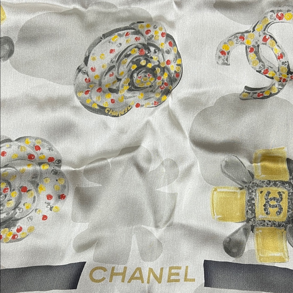 Chanel White and Gold Silk Scarf with Iconic Motifs